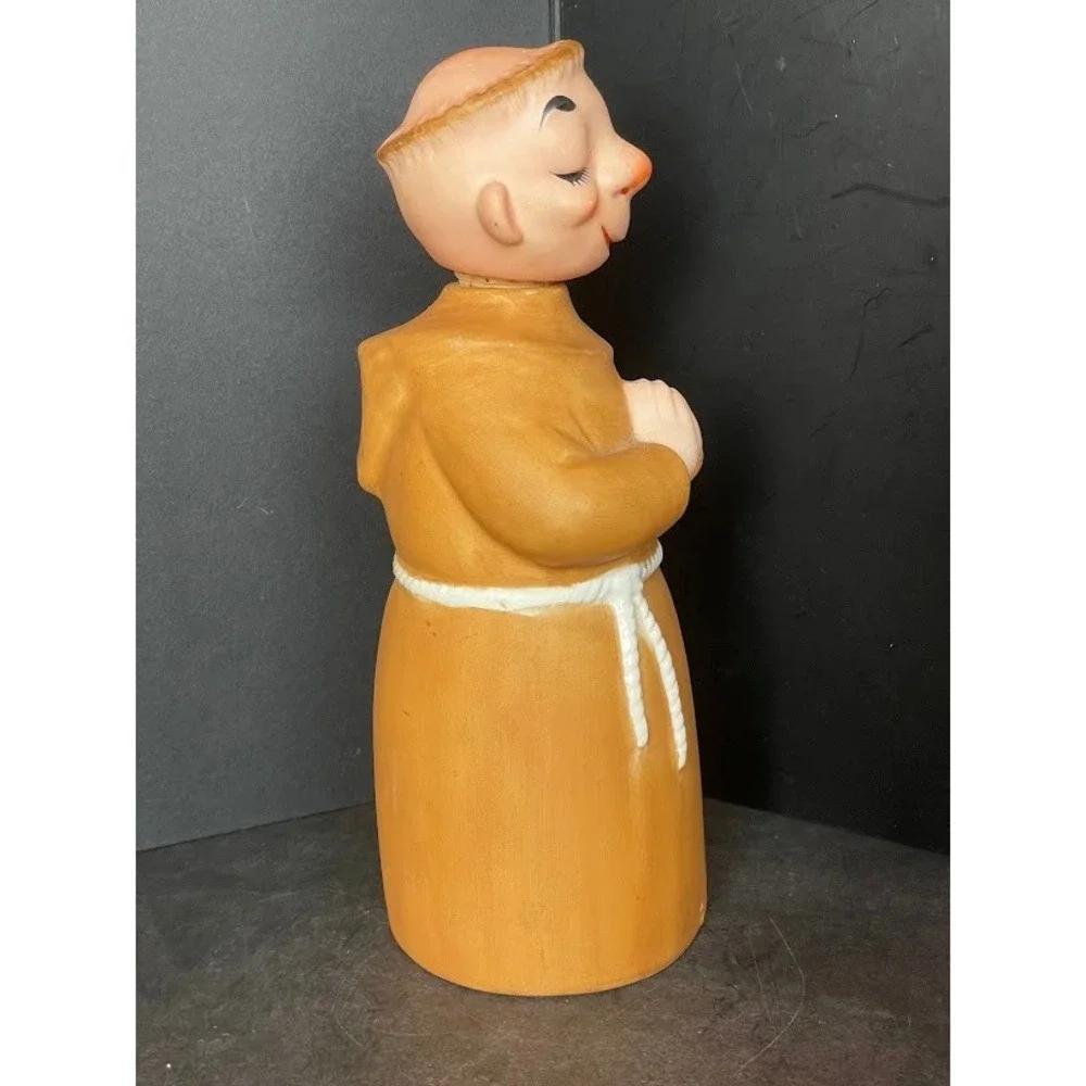Vintage Praying Friar Monk Ceramic Decanter and 5 Shot Glass Mugs Set Tan